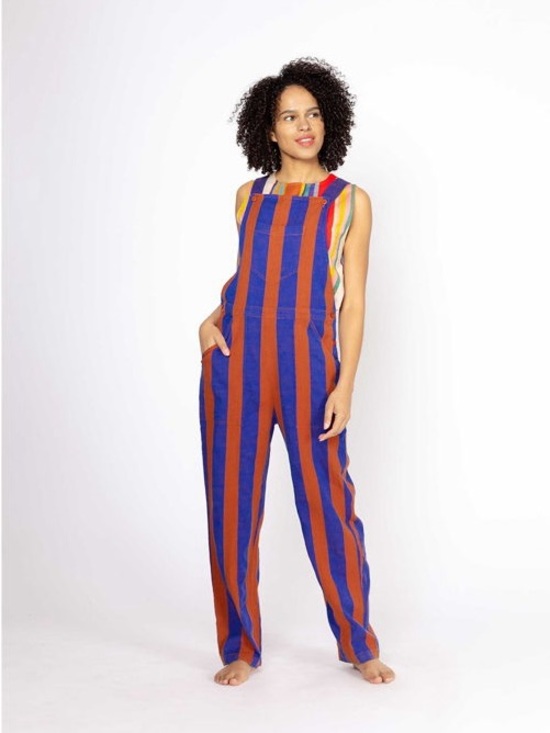 Ace & Jig Pants - Ace & Jig Striped One-Piece Overalls in Blue and Brown